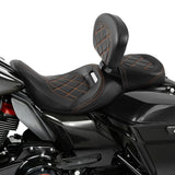 C.C. RIDER Touring Seat Two Piece Low Profile Driver Passenger Seat With Backrest For Road Glide Street Glide Road King, Black Orange, 2009-2023