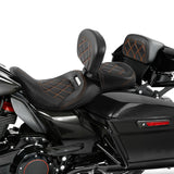 C.C. RIDER Touring Seat Two Piece Low Profile Driver Passenger Seat With Backrest For Road Glide Street Glide Road King, Black Orange, 2009-2023