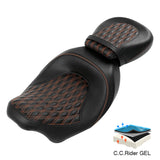 Gel Seat C.C. RIDER Touring Seat Two Piece 2 Up Seat Low Profile Driver Passenger Seat For Road Glide Street Glide Road King Lattice Stitching, 2009-2023