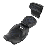 C.C. RIDER Touring Seat Two Piece Low Profile Driver Passenger Seat With Backrest For Road Glide Street Glide Road King, Black Blue, 2009-2023